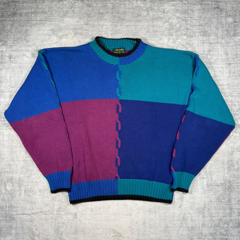 Colours by Alexander Julian Sweater Mens Large Blue Vintage 90s Colorblock Knit